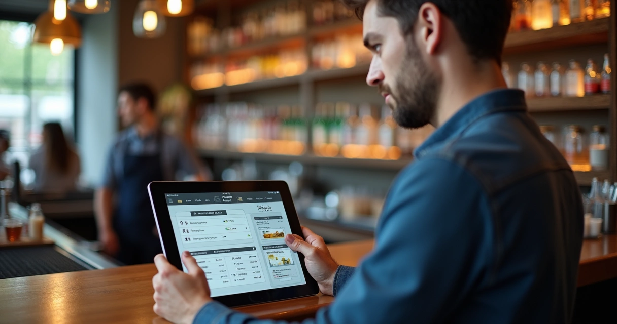 Pessoa usando tablet no bar com tela de sistema PDV 