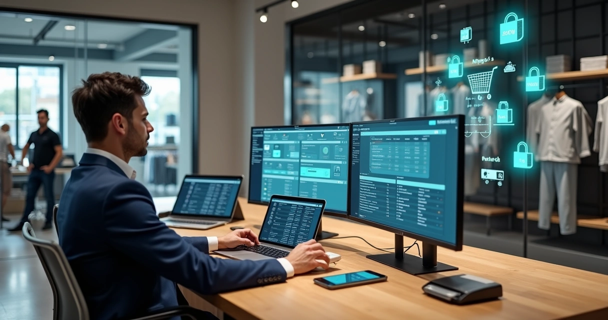 Gestor analisando vendas integradas entre PDV físico e e-commerce em telas grandes 