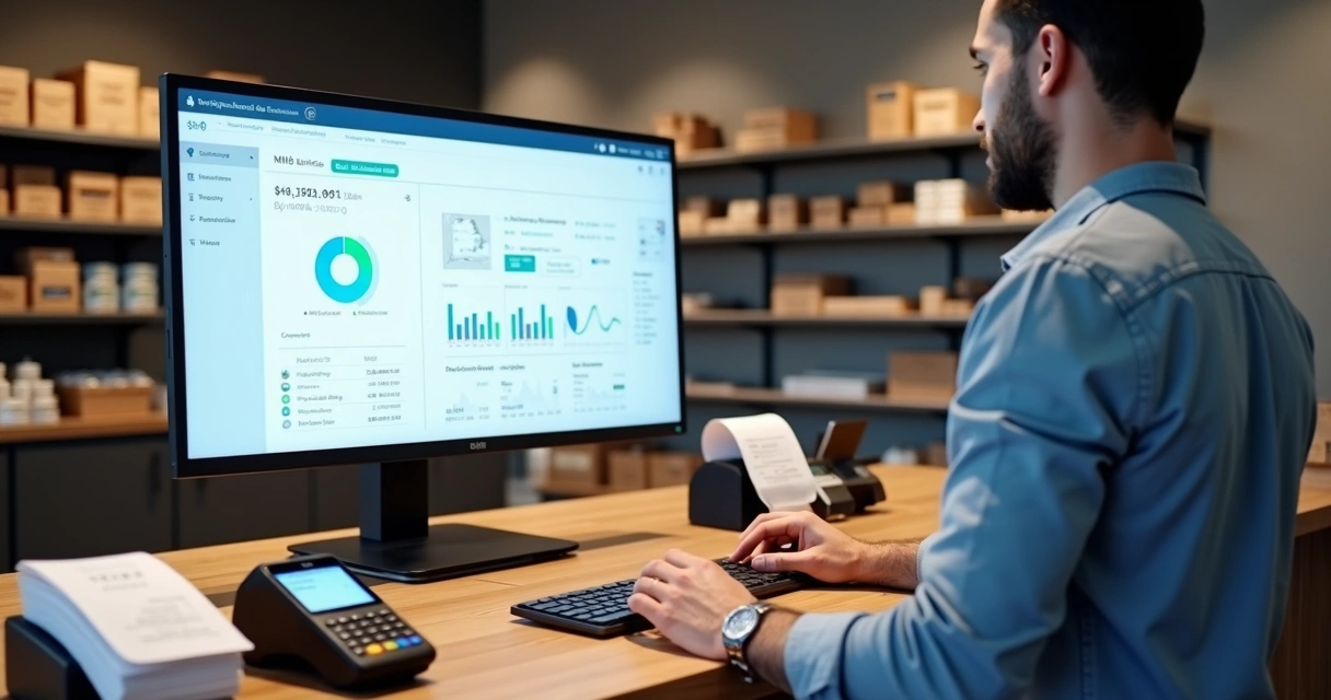 Balcão de loja pequena com sistema de PDV integrado ao ERP na tela 