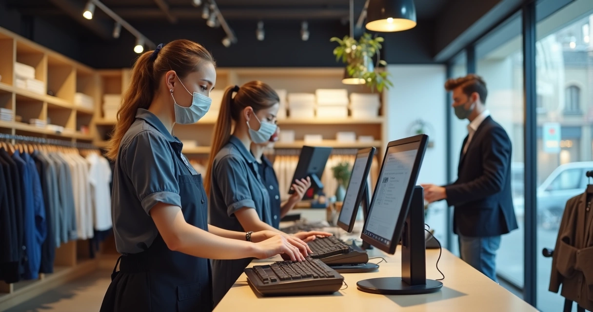 Terminal de PDV digital em loja de roupas com integração de estoque e pagamentos 
