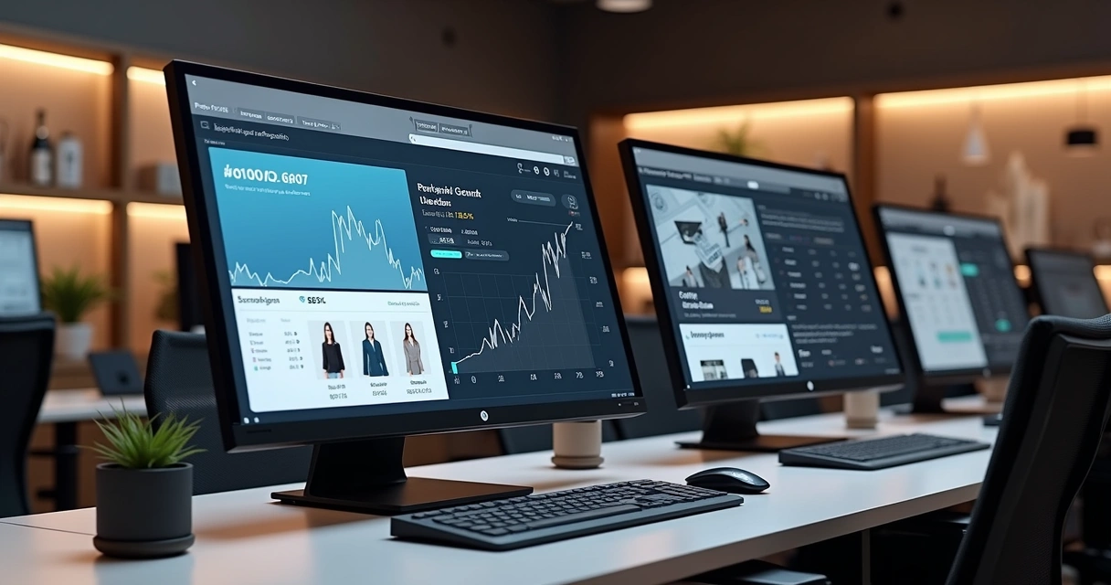 Painel de gestão PDV varejo com múltiplas telas mostrando estoque, vendas e finanças em tempo real 