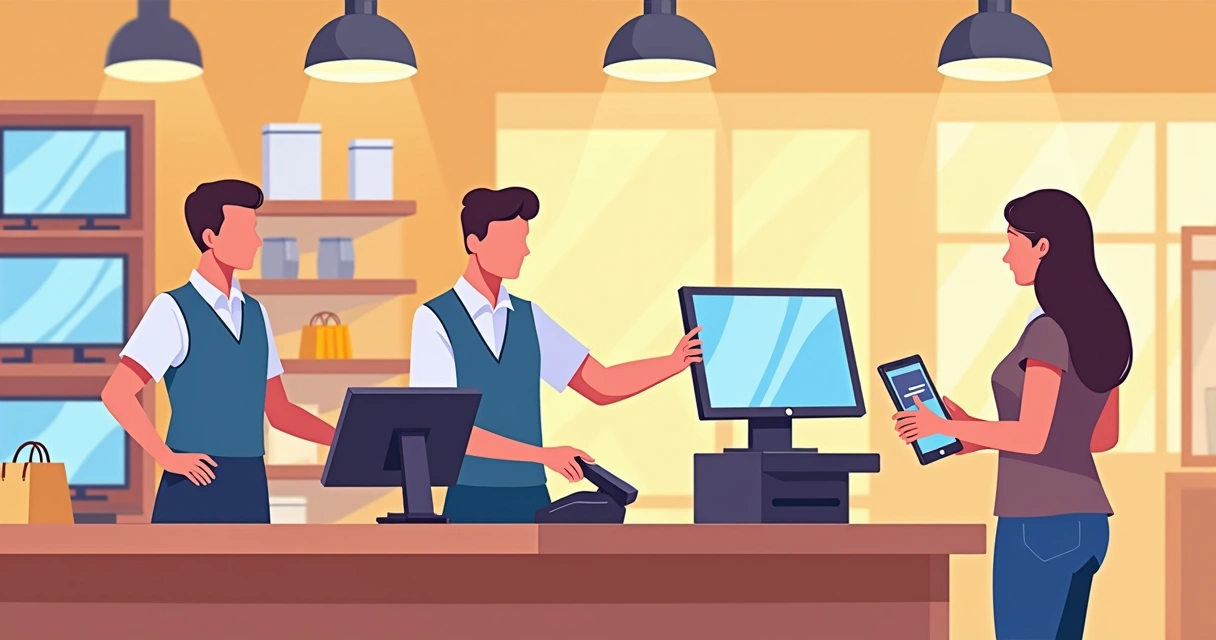 Operador de caixa usando PDV em loja de informática