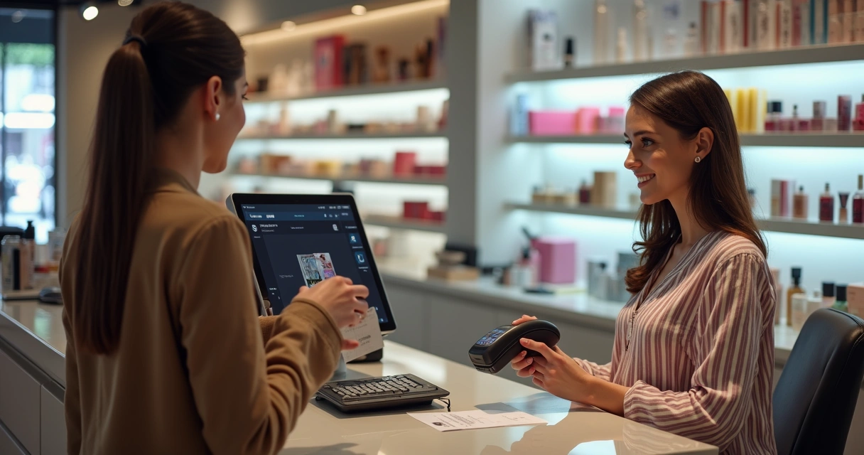 Frente de loja de cosméticos com caixa usando sistema e leitor de código de barras 