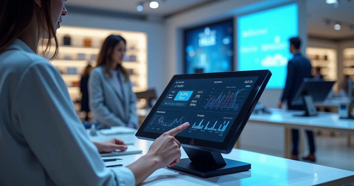 Vista interna de loja com PDV digital e tela mostrando integração com vendas online 