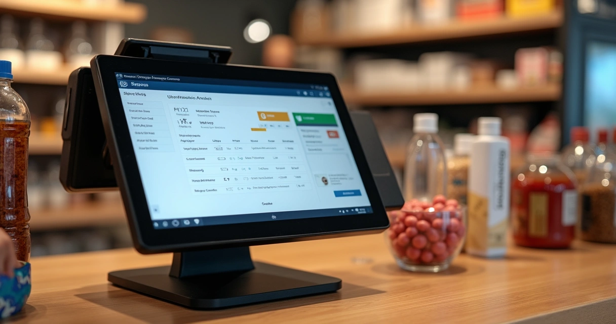 Máquina smart com tela de PDV e produtos ao redor 
