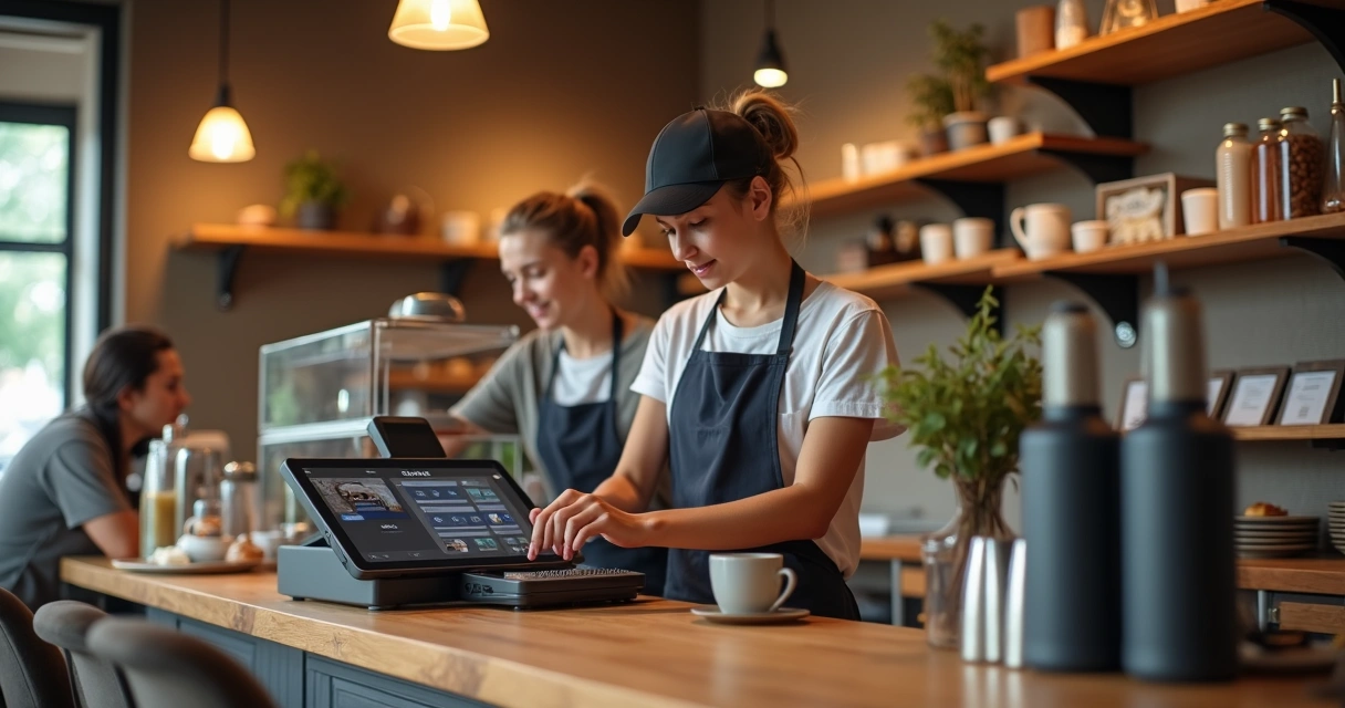 Funcionário com maquininha smart registrando venda em cafeteria