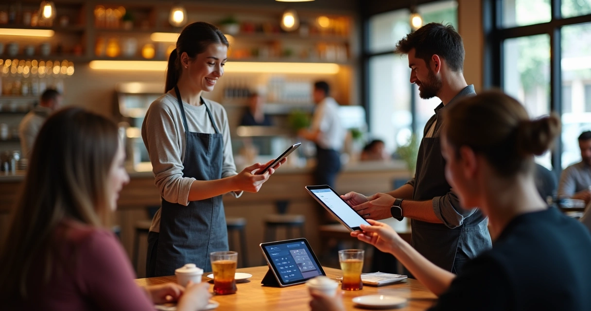 Garçom usando tablet para registrar pedido à mesa