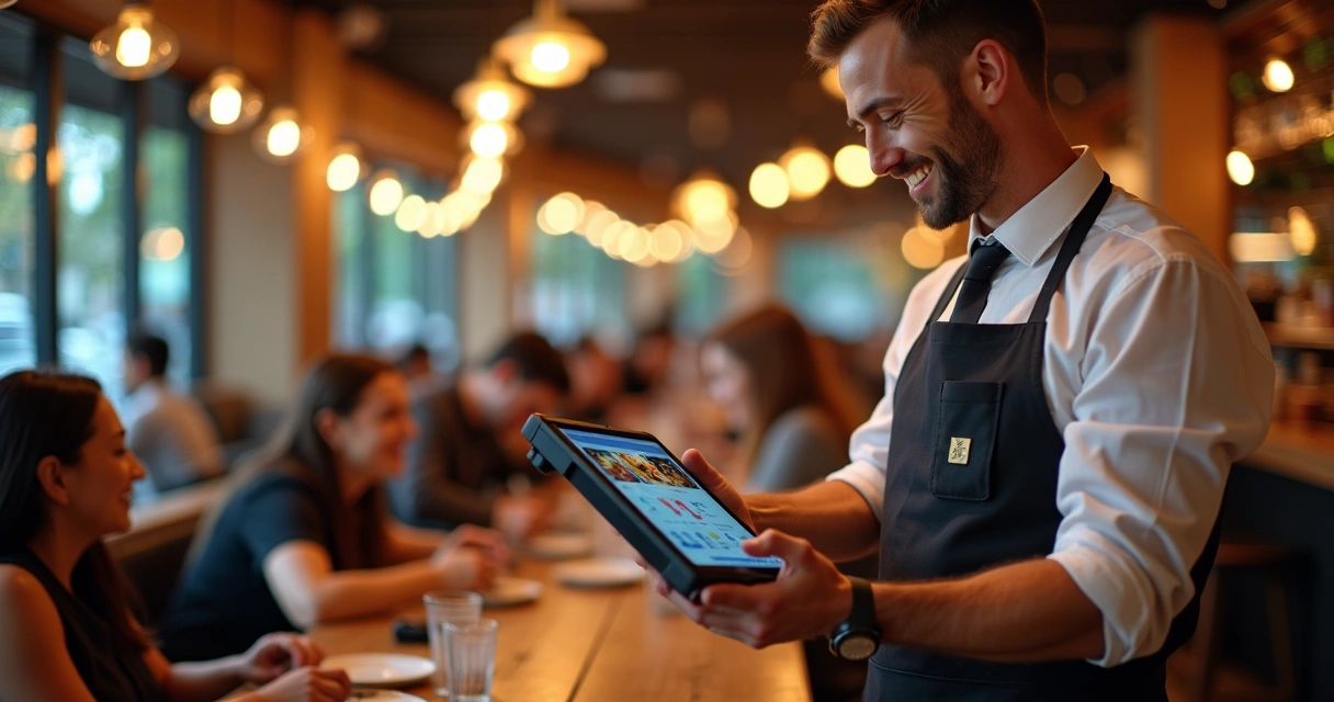 Garçom usando PDV móvel no salão de restaurante com clientes ao fundo 