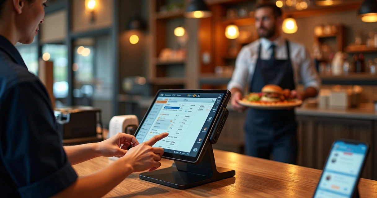 Atendente usando sistema de PDV em restaurante com pedidos de delivery na tela 