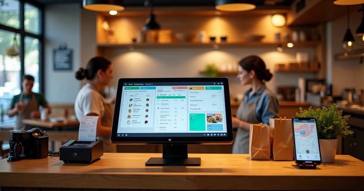 Balcão de restaurante com sistema de PDV exibindo pedidos de salão e delivery integrados 