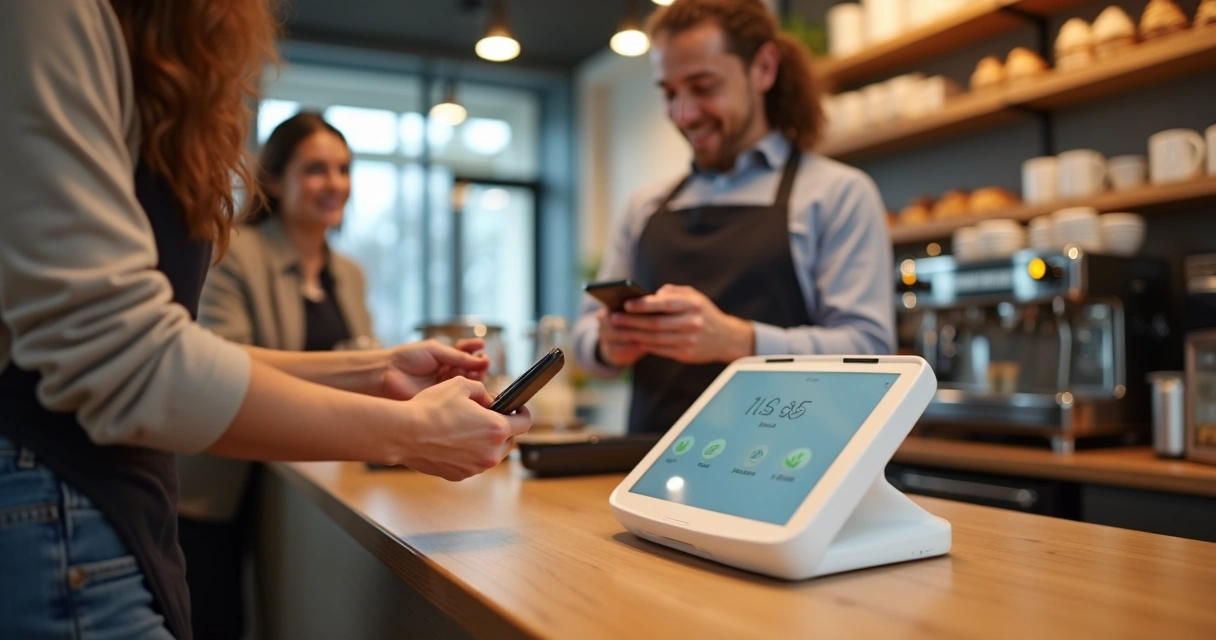 Atendente usando máquina smart para registrar venda no balcão 