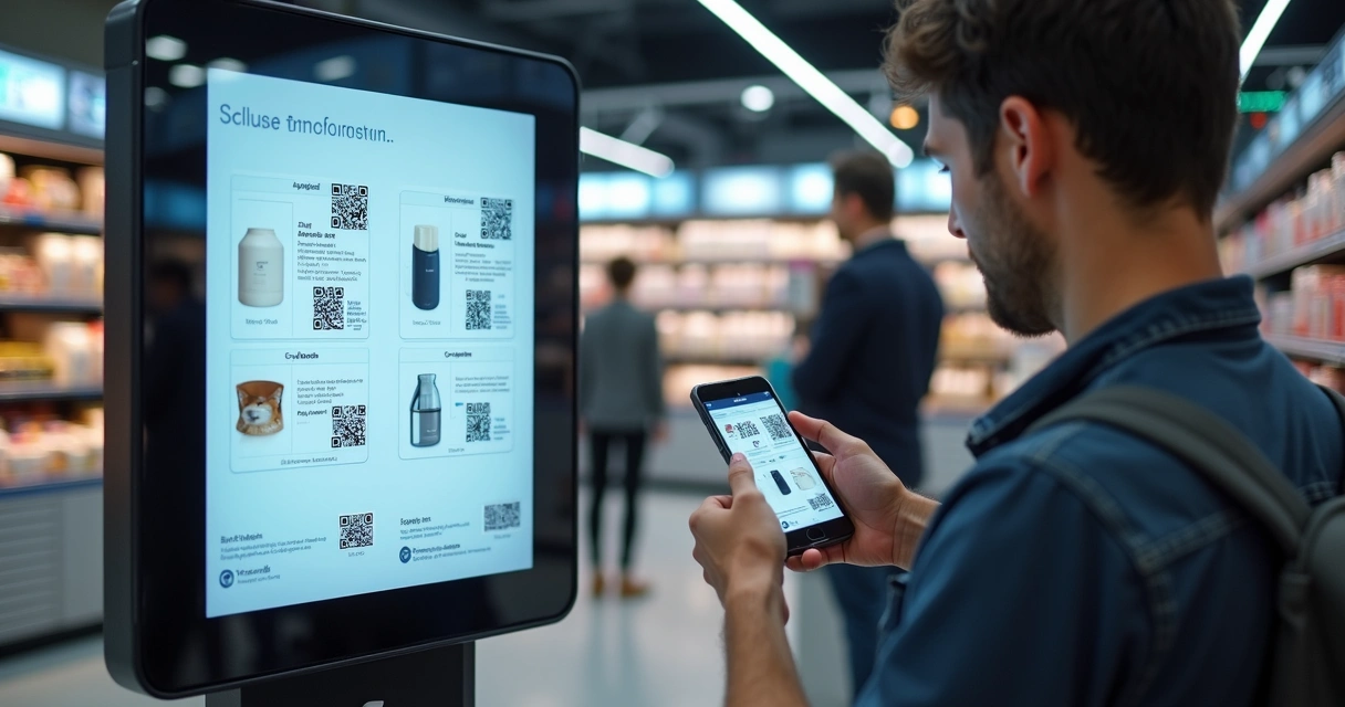 Totem interativo e QR code em loja moderna 
