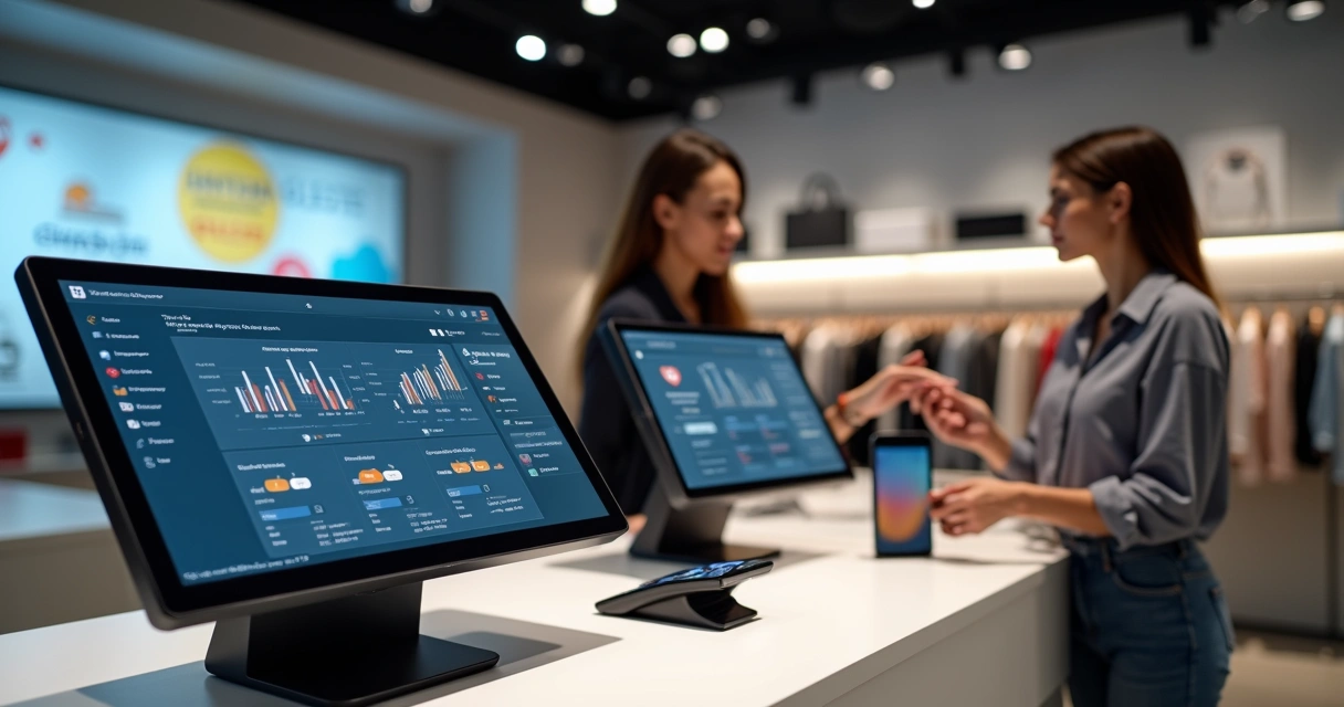 Caixa de loja de varejo usando PDV integrado com e-commerce em ambiente moderno 