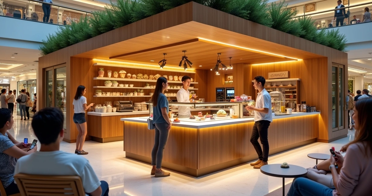 Cliente em quiosque moderno de sobremesas em shopping 