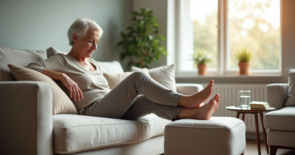 Mulher 50 plus em sala de estar elevando o pé inchado em almofada no sofá 