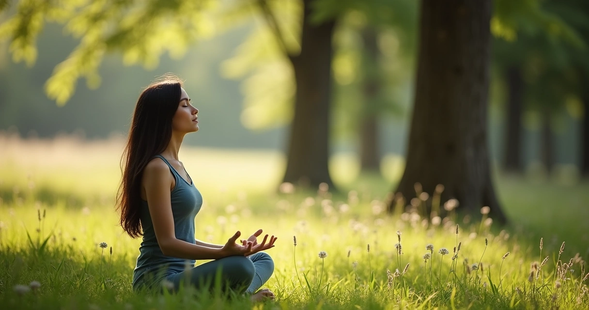 Young woman practicing breathing exercise in a green outdoor setting