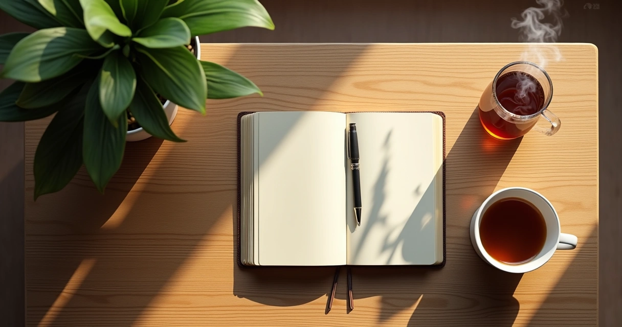 Notebook, pen, cup of tea, and plant on wooden table during morning light 