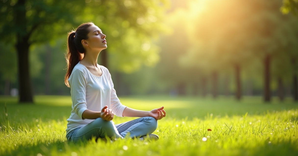 Woman sitting in nature, eyes closed, looking peaceful