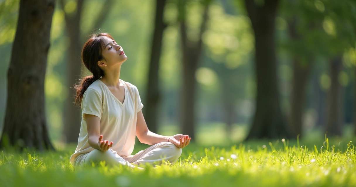 Woman sitting in meditation in a green park 