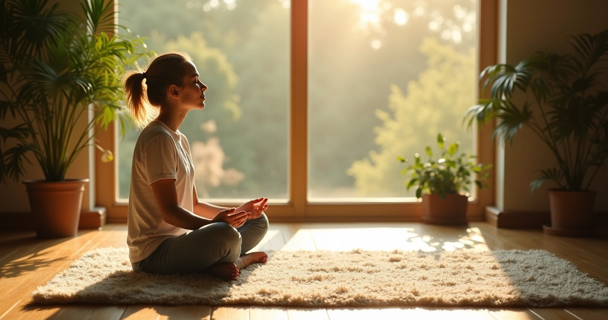 Person sitting cross-legged on the floor near a large window, hands on knees, sunlight streaming in 