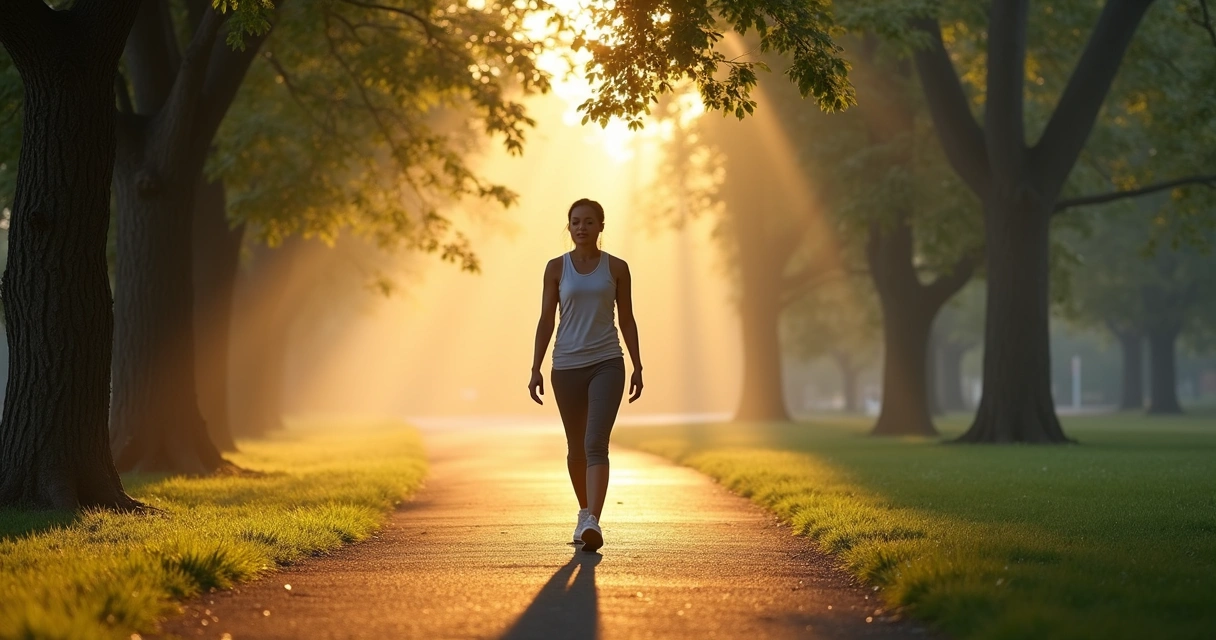 Person practicing mindful walking outdoors with focused breathing