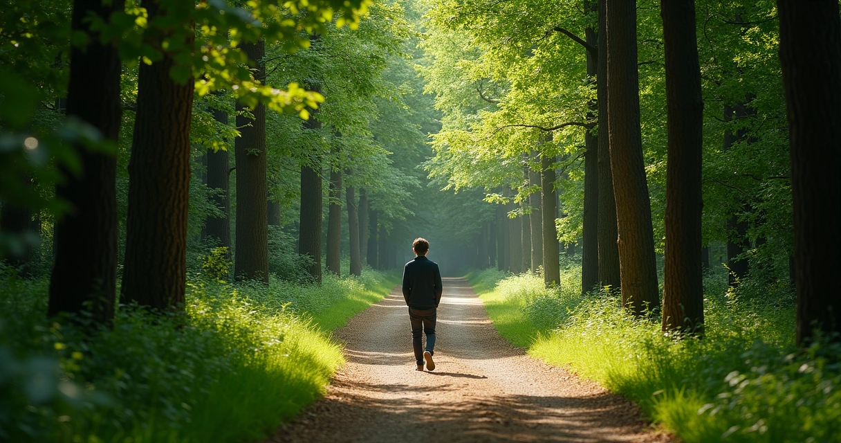 Person walking alone on a forest path in dappled light 
