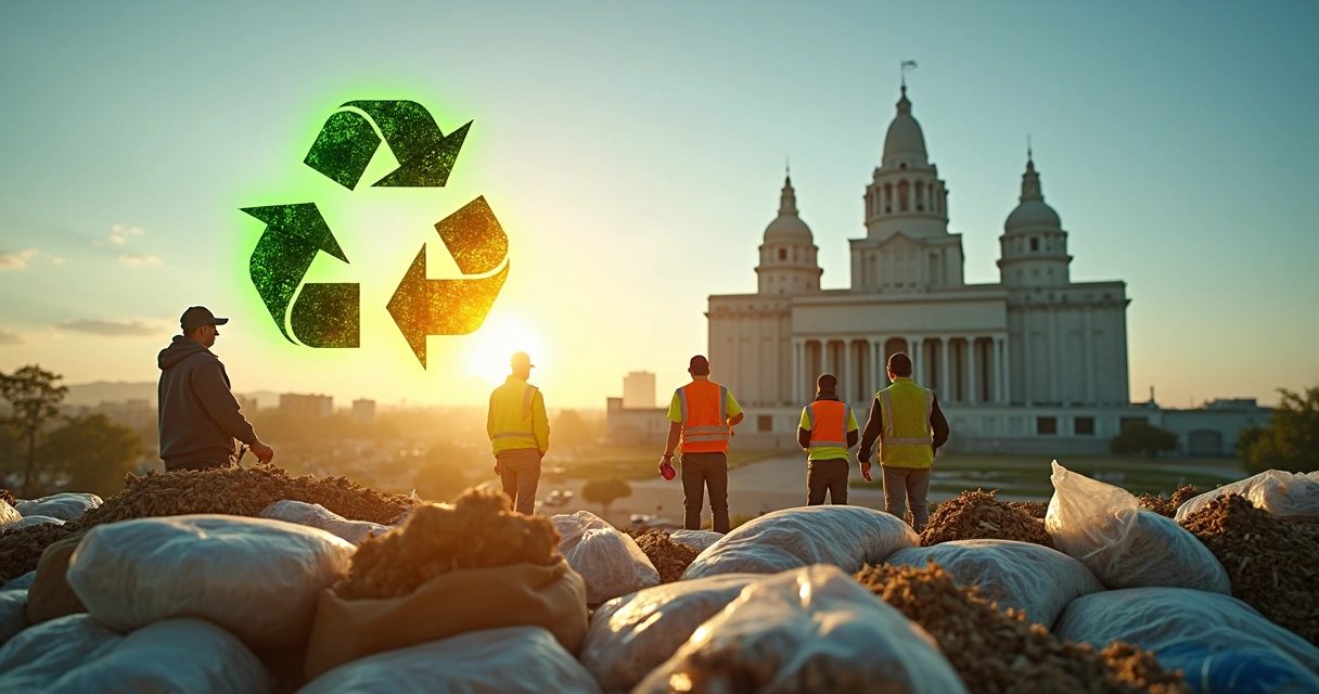 Catadores de recicláveis observam o Congresso Nacional ao fundo com símbolo de reciclagem e balança tributária 