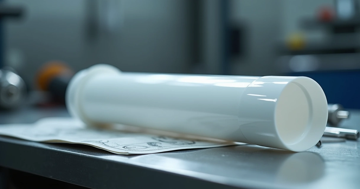 Peça técnica usinada em teflon PTFE branco em bancada industrial 