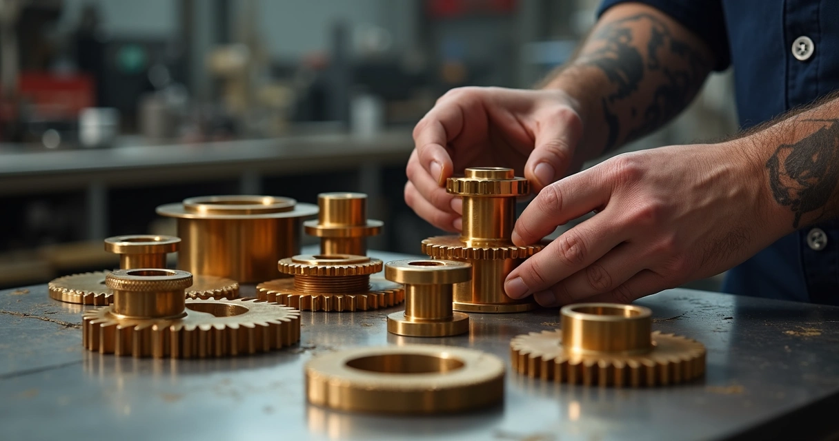 Peças industriais feitas de bronze fosforoso alinhadas em bancada 