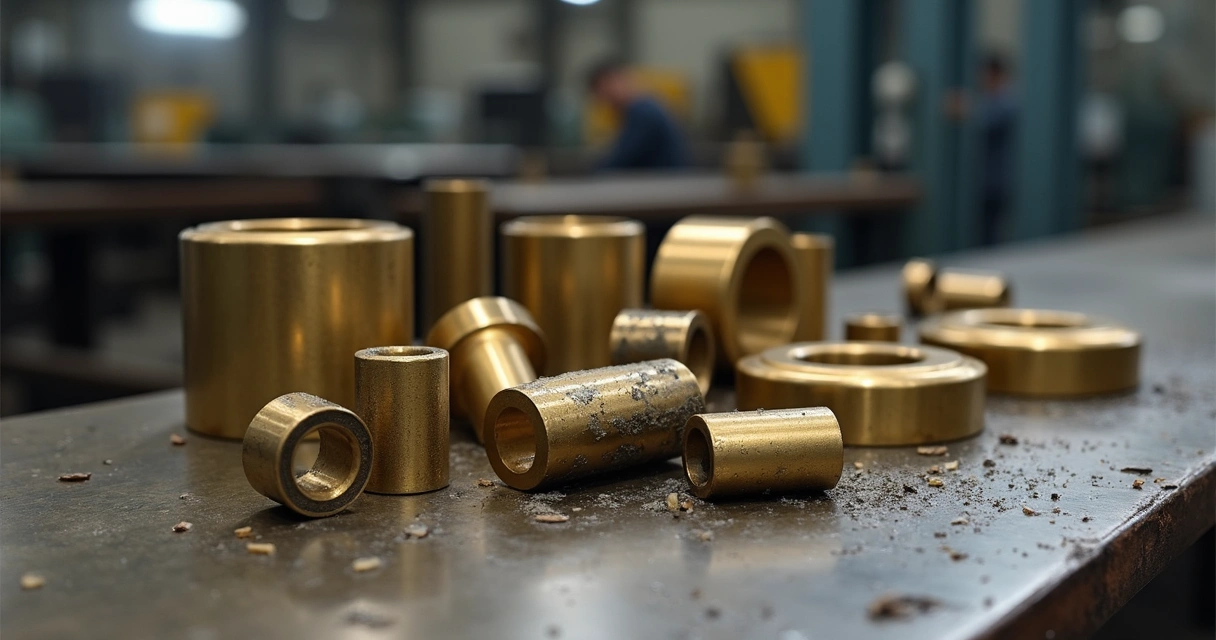 Diversas peças de bronze grafitado sobre bancada de fábrica, com destaque para buchas e mancais