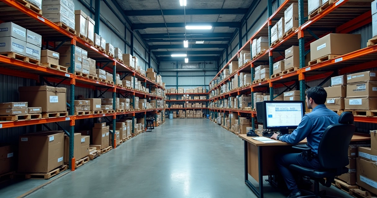 Peças de caminhão organizadas em prateleiras de loja online 