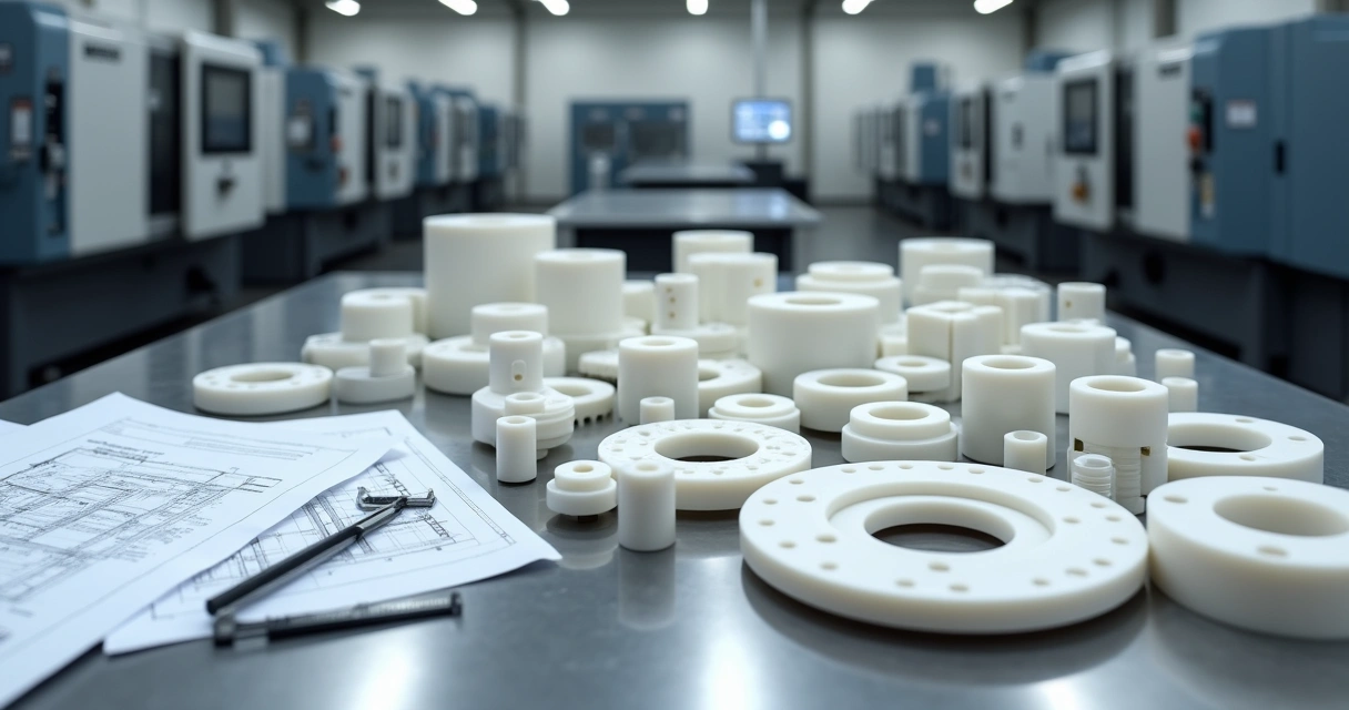 Conjunto de peças especiais em Teflon brancas organizadas sobre mesa técnica na indústria 