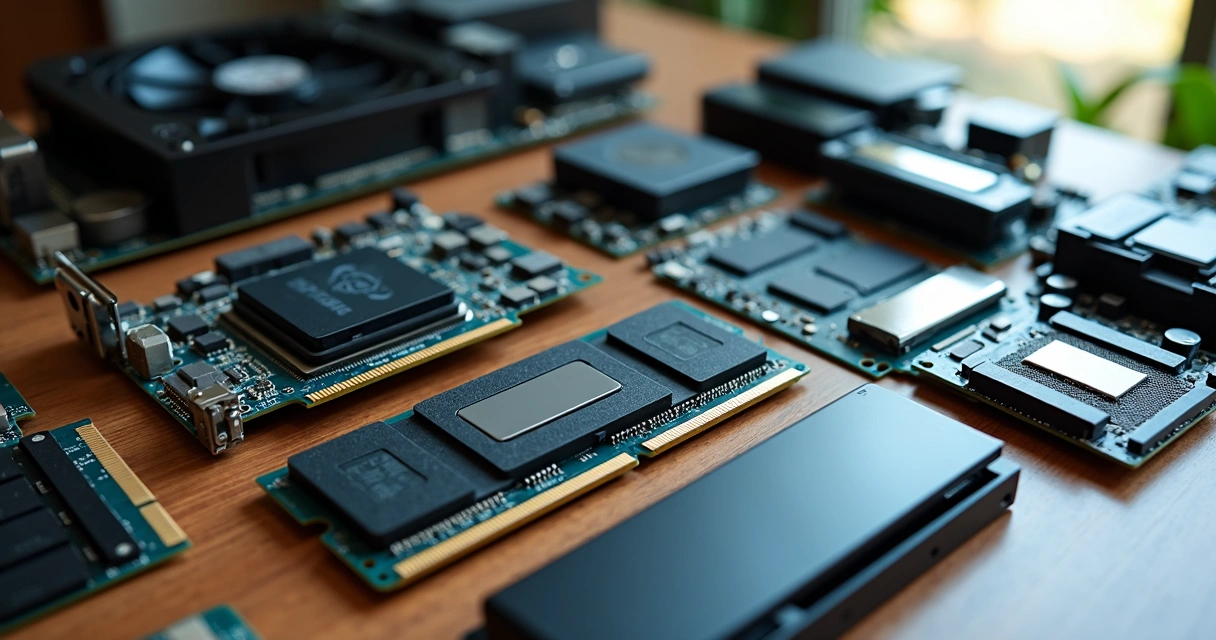 Peças de hardware alinhadas em uma mesa de madeira