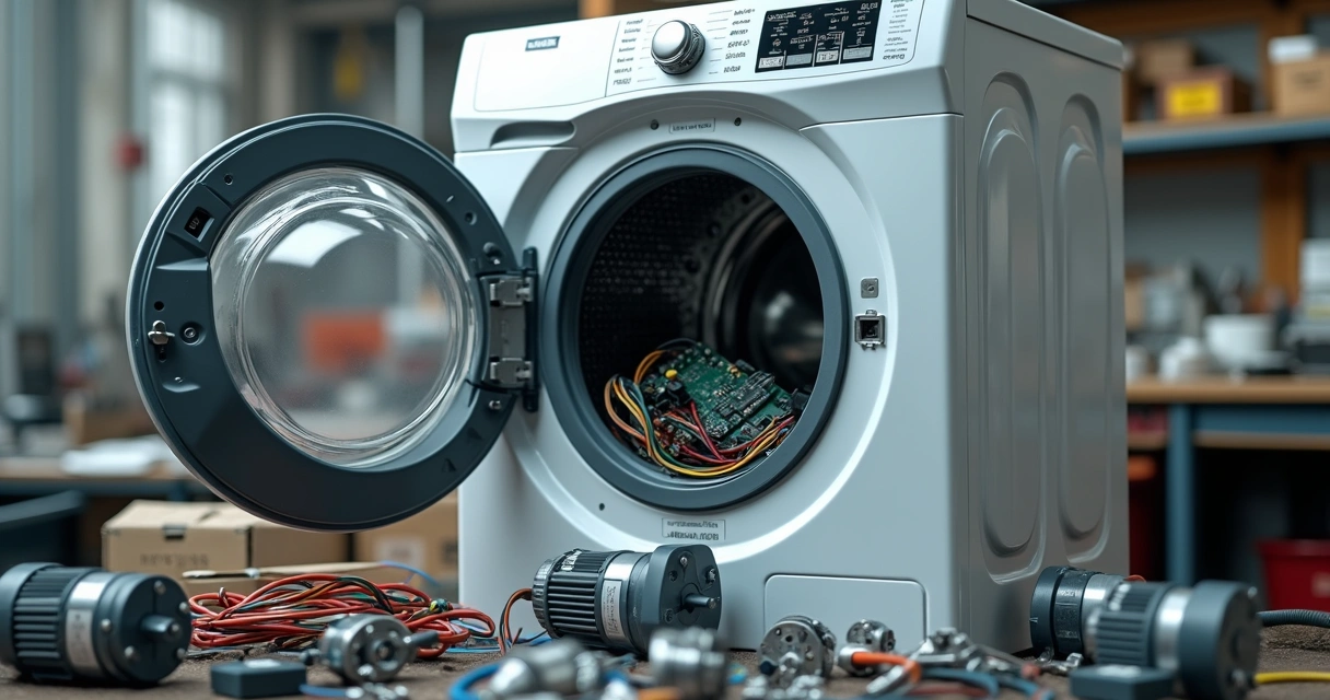 Placa eletrônica e outros componentes de eletrodomésticos ao lado de uma máquina de lavar desmontada. 