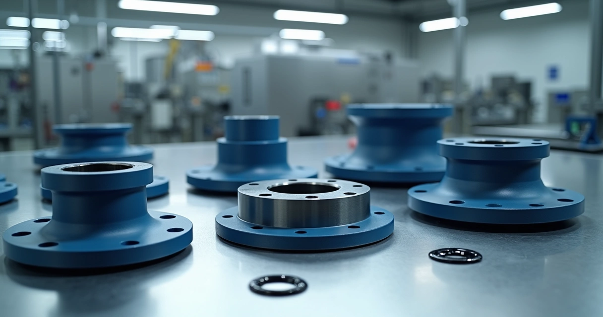 Peças industriais metálicas com revestimento antiaderente azul empilhadas em mesa de produção 