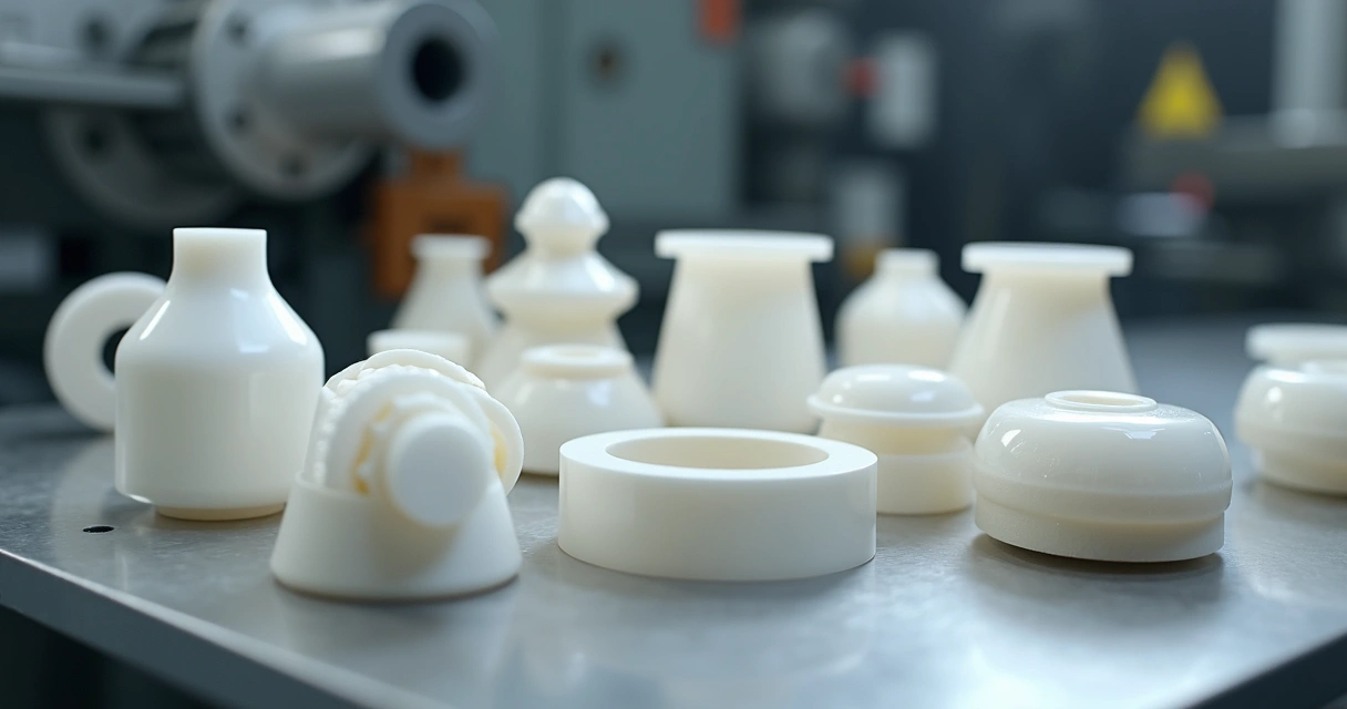 Peças industriais usinadas de Teflon PTFE, variadas formas e tamanhos sobre bancada metálica cinza, fundo pouco desfocado 