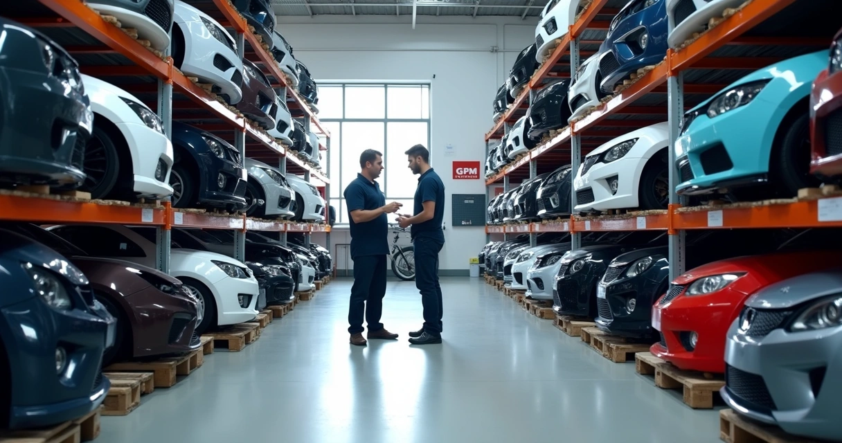 Diversas peças de lataria novas para carros populares organizadas em prateleiras de oficina automotiva 