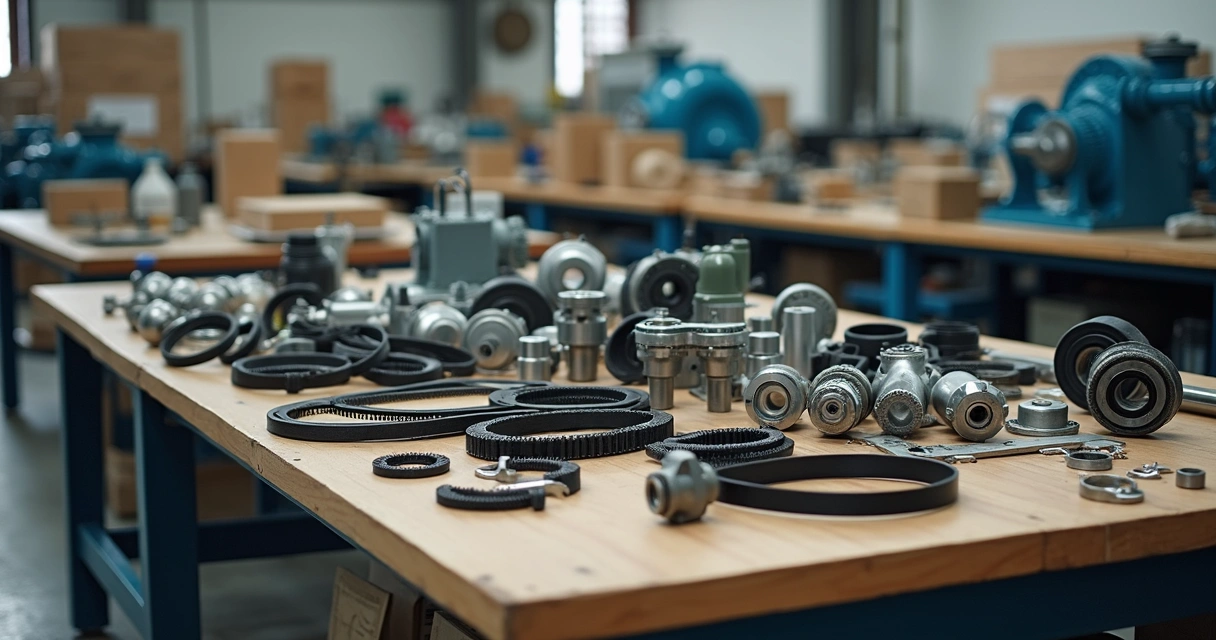 Peças de reposição para máquina industrial em bancada organizada 