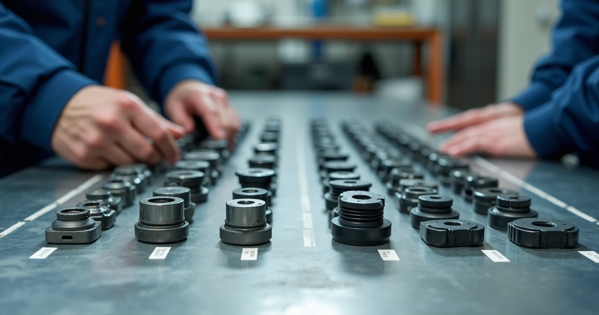 Peças novas e recondicionadas lado a lado em bancada 