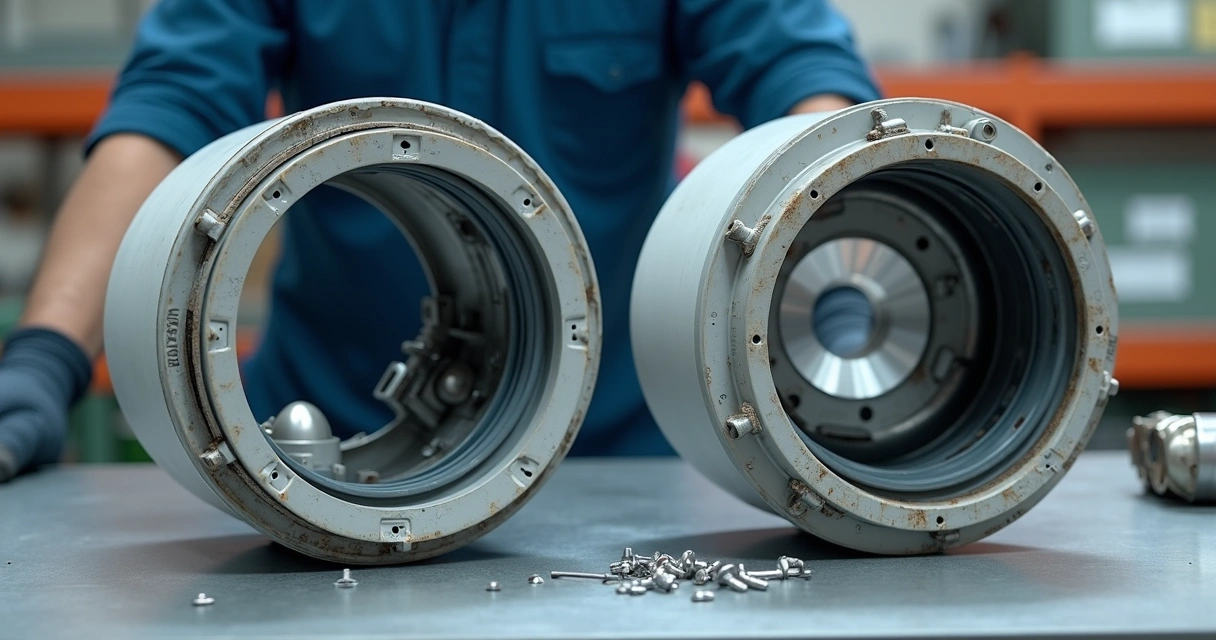 Peça original e peça recondicionada de lavadora lado a lado em bancada 