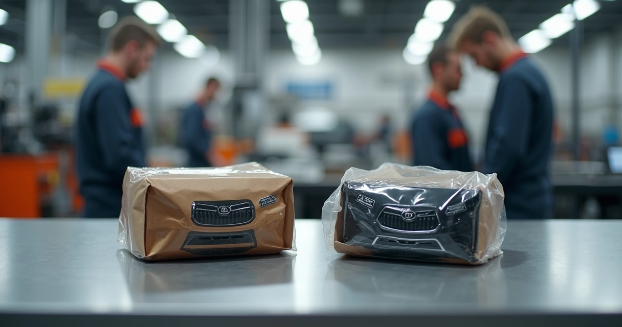 Comparação visual entre peça original e peça paralela de carro, ambas sobre uma bancada limpa em oficina moderna.