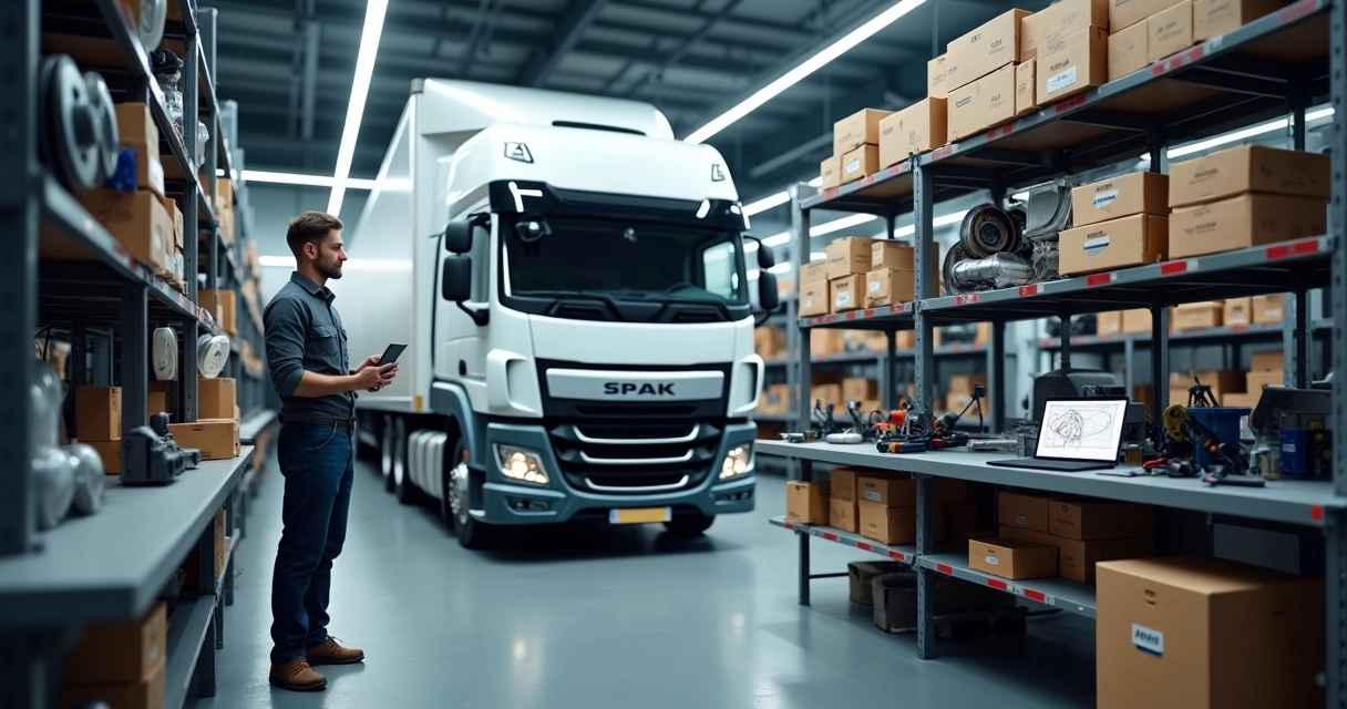 Mecânico escolhendo peças para caminhão em prateleiras organizadas de oficina 