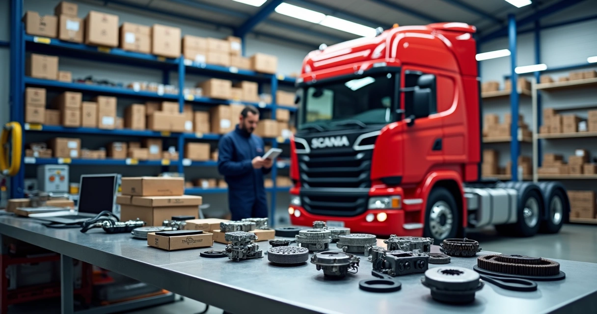 Mecânico conferindo peças para caminhão em bancada de oficina 