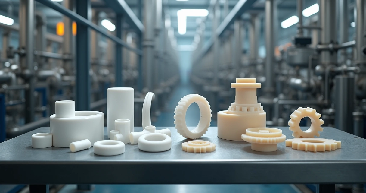 Peças industriais de PEEK e PTFE em uso em uma fábrica 