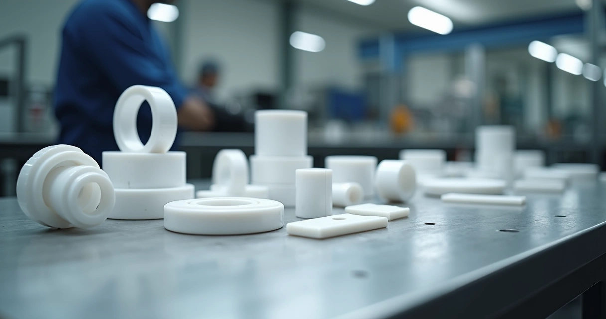 Peças usinadas em PTFE sobre bancada industrial 