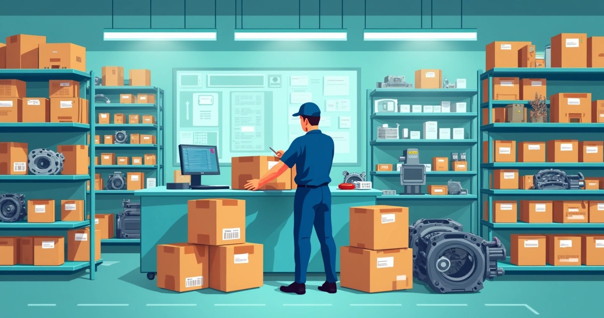 Técnico organizando estoque de peças remanufaturadas