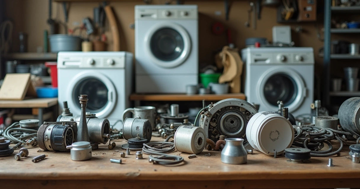 Pecas de eletrodomésticos usadas espalhadas em uma bancada 
