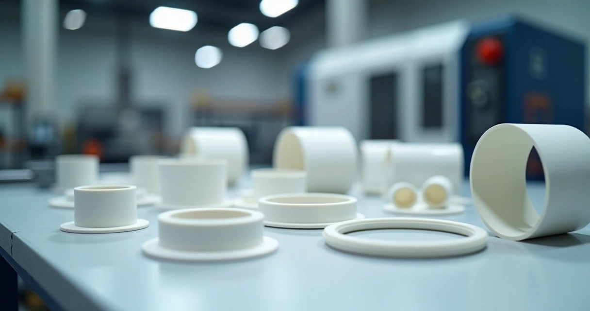 Peças usinadas em PTFE sobre bancada industrial limpa 