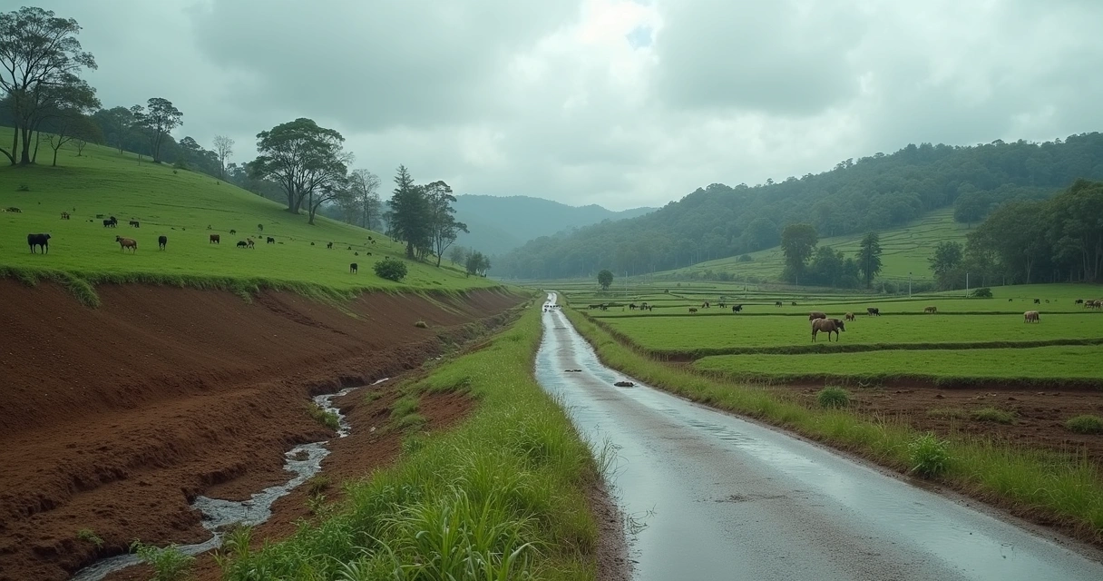 Gado em terreno inclinado com sinais de erosão e enxurrada de água da chuva 