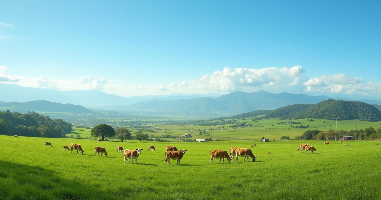 Paisagem rural de Três Lagoas com gado, fazendeiro, currais modernos e cultivo sustentável.